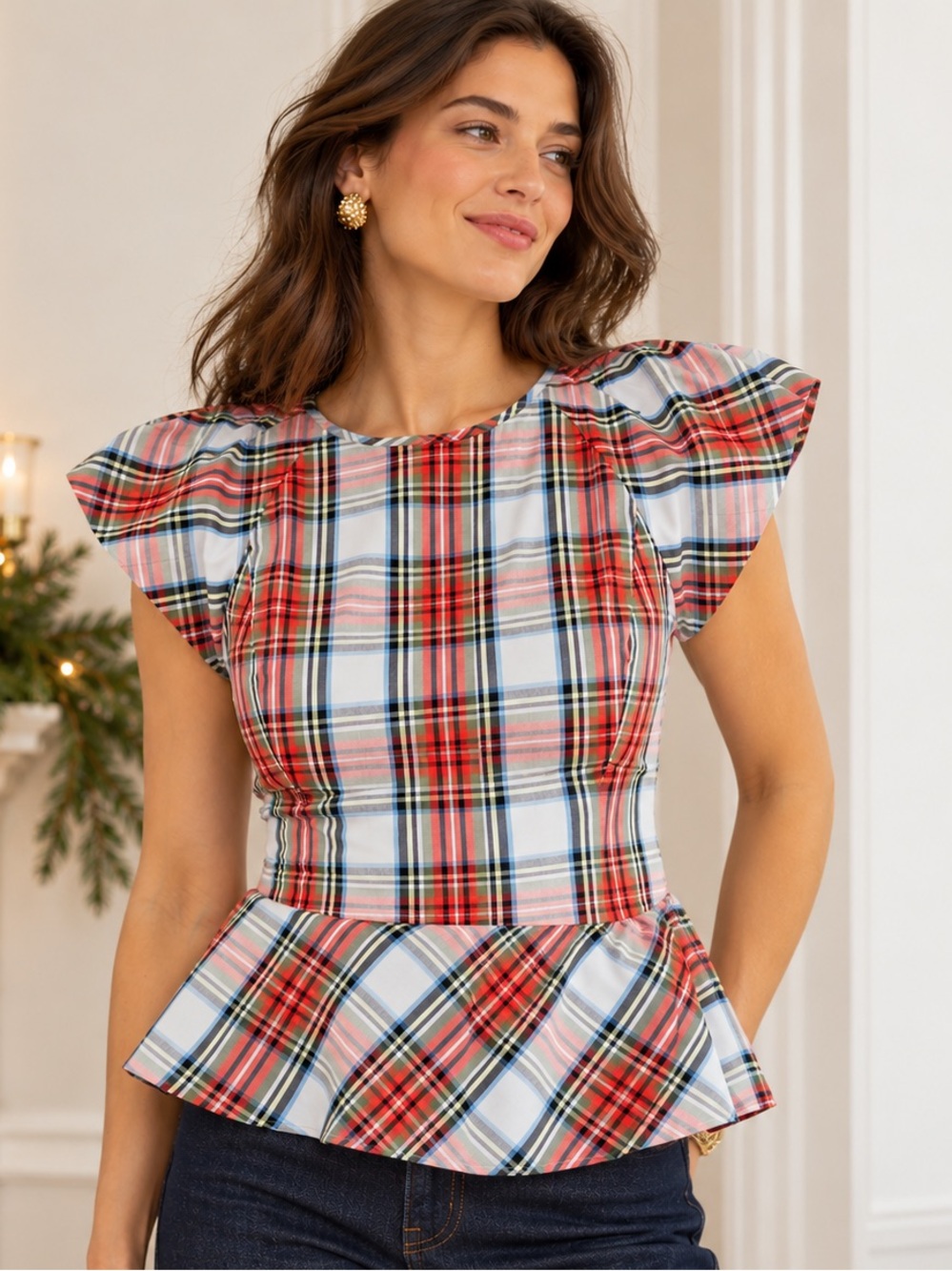 J.Crew Cap-Sleeve Peplum Top in Snowy Stewart Tartan Size 10 NWT